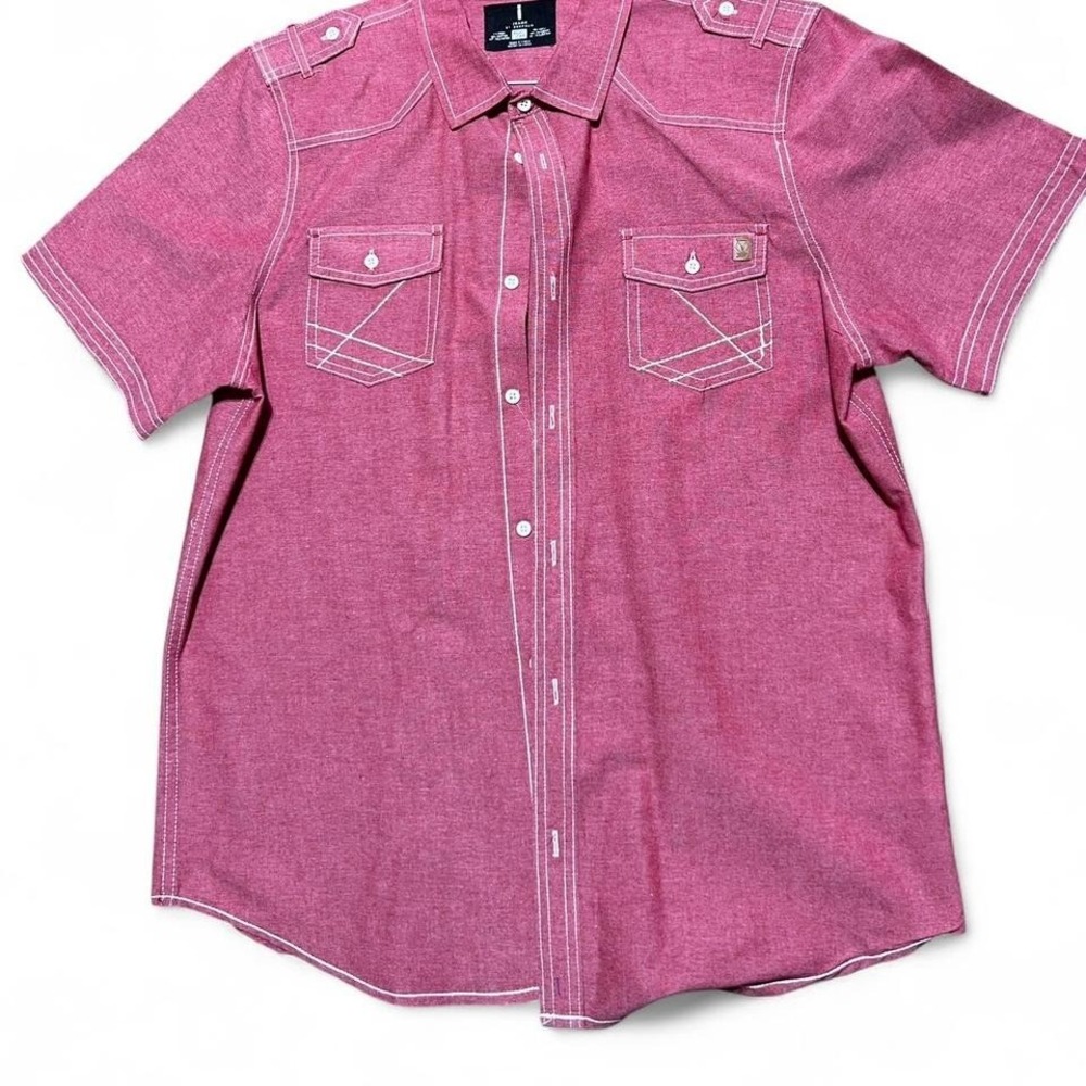 Red button up shirt with white stitching‎